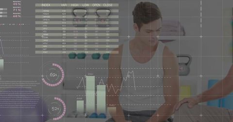Physical therapist assessing knee injury with futuristic data overlays