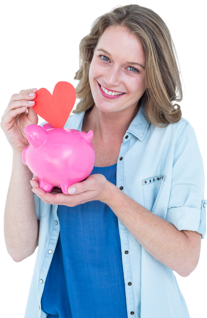 Smiling Woman Holding Pink Piggy Bank With Red Heart on White Background - Download Free Stock Videos Pikwizard.com