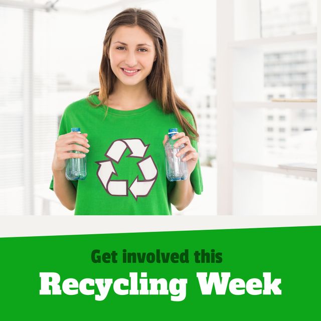 This image features a young female volunteer holding plastic bottles, promoting Recycling Week. She is wearing a green t-shirt with a recycling symbol. Ideal for use in campaigns, promotional materials for environmental conservation, eco-friendly initiatives, sustainability blogs, and educational content about waste management and recycling.