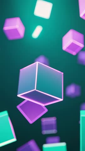 Rotating Neon-Outlined Cubes Floating Over Dark Green Backdrop Vertical Loop for Social
