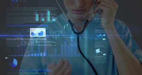 Male Doctor Analyzing Medical Data with Futuristic Overlay