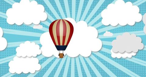 Striped hot air balloon floating over pop art turquoise sky with sunburst clouds