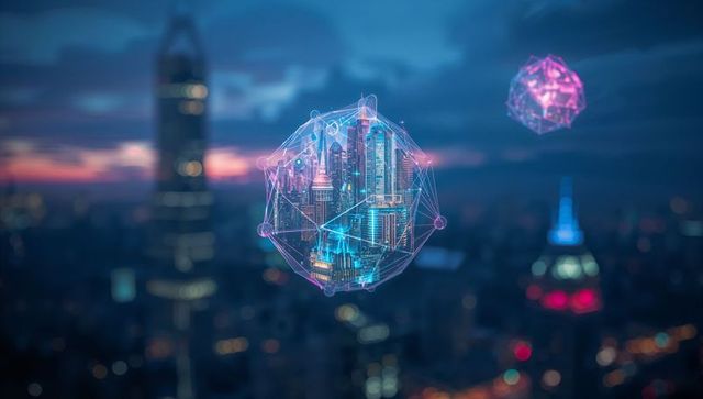 Futuristic Holographic Cityscape with Neon Network Nodes