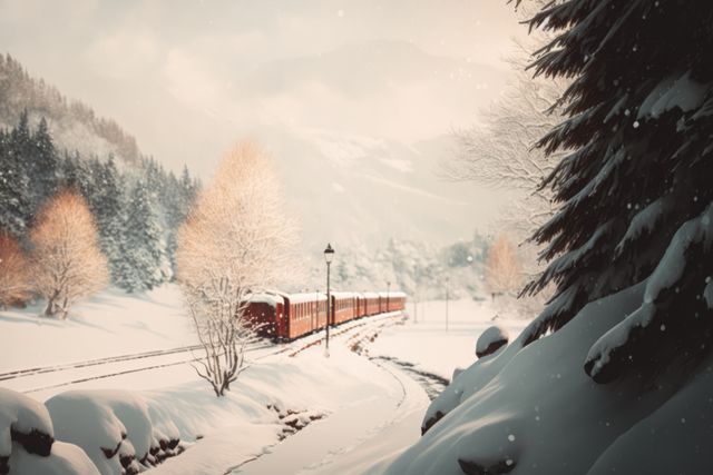 Tranquil winter scene with a red train moving through snowy mountains. Snow-covered trees and tranquil nature in a remote area provide a serene setting. Ideal for travel magazines, nature blogs, or winter-themed posters.