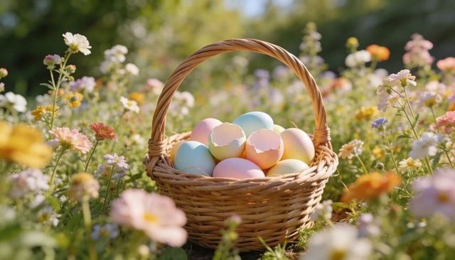 Pastel easter eggs nestling in wicker basket among sunlit wildflower meadow
