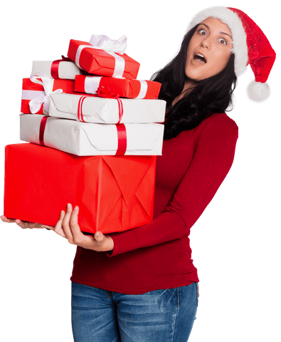 Surprised Woman Carrying Pile of Colorful Holiday Gifts with Santa Hat