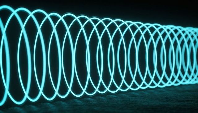 Glowing cyan neon helix looping across dark textured floor creating repeating light rings