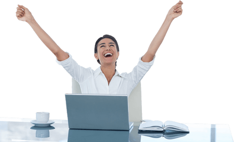 Businesswoman Celebrating Achievement at Desk with Transparent Background - Download Free Stock Videos Pikwizard.com