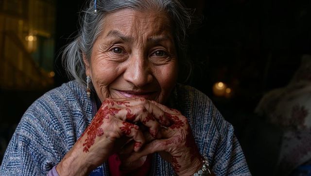 Senior woman smiling with henna-clasped hands, cozy knit cardigan low-light portrait