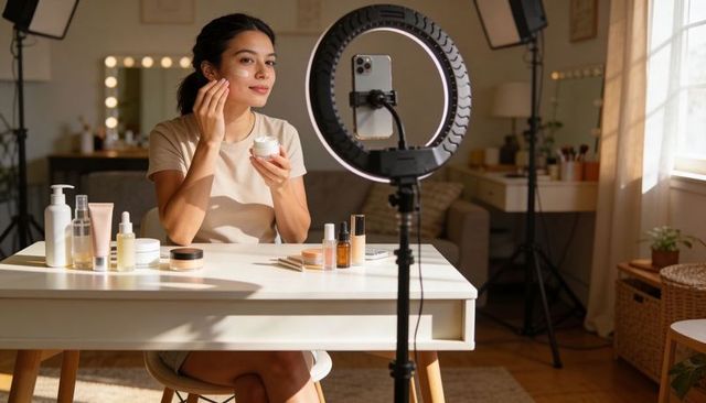 Beauty creator applying facial cream for skincare tutorial at home vanity with ring light