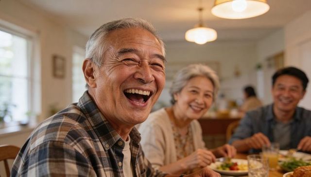 Laughing senior asian man enjoying warm family dinner with smiling elders at home