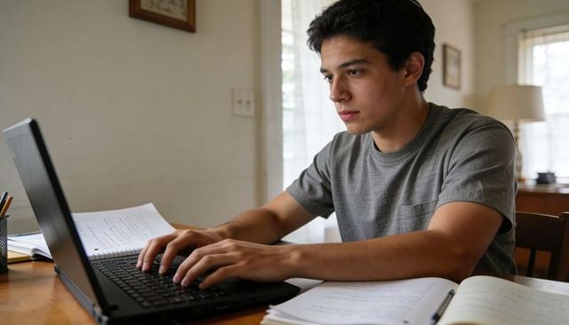 Young man typing on laptop while studying with notebooks at home desk