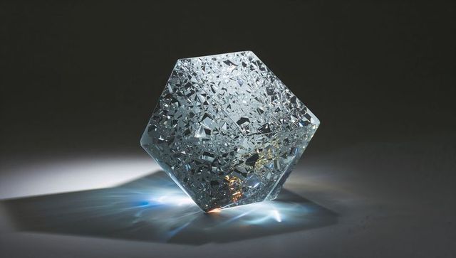 Faceted dodecahedron crystal casting blue and amber caustics on matte surface studio spotlight