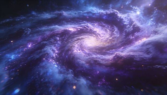 Spiraling Purple Galaxy Revealing Luminous Core and Nebular Arms