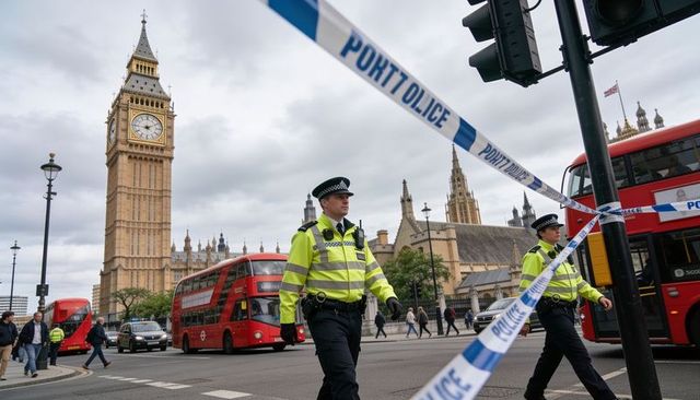 Police officers patrolling cordoned westminster near big ben with red double-decker buses