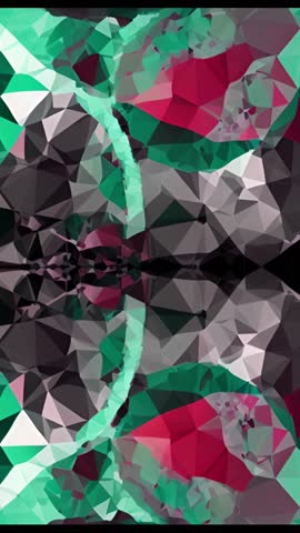 Vertical abstract tessellated symmetry with triangular facets in teal and magenta