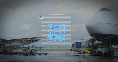 Digital QR Code and Airplane on Busy Tarmac - Download Free Stock Images Pikwizard.com