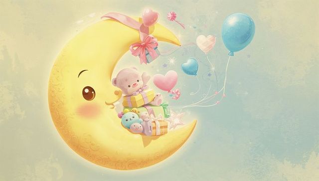 Smiling crescent moon holding teddy and gifts on pastel sky with balloons nursery art