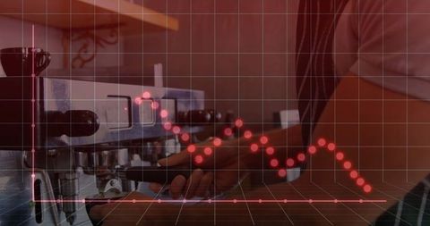 Barista brewing espresso with financial chart overlay