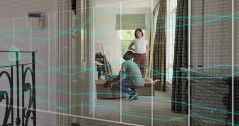 Couple assembling furniture in modern living room with augmented reality binary overlay
