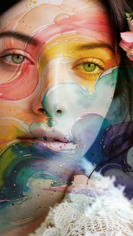 Vertical watercolor shapes drifting across woman's face, merging with portrait, artistic
