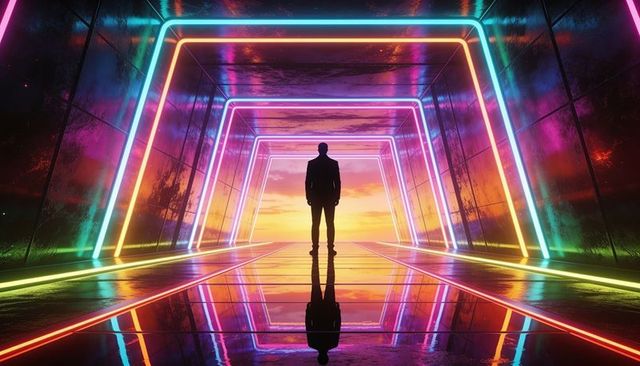 Silhouetted man standing facing sunset through neon light tunnel with mirror reflection