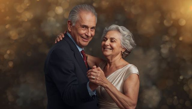 Elegant Senior Couple Dancing in Romantic Ballroom Atmosphere