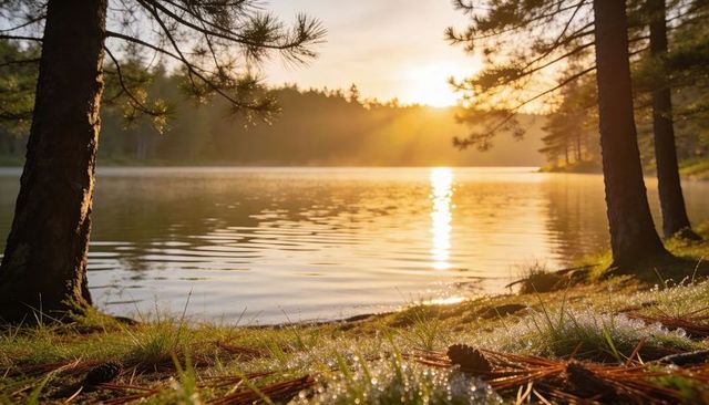 Golden sunrise reflecting on tranquil pine lake shore with dew, pine cones, morning mist
