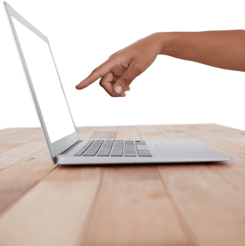 Transparent Hand Pointing at Laptop Screen on Wooden Table