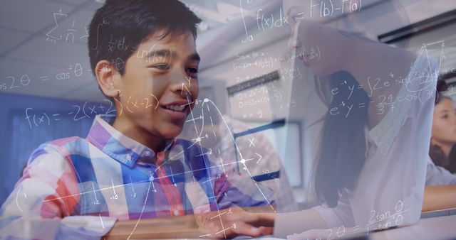 Happy Multiethnic Teen Boy Studying Math in Classroom with Overlaid Formulas - Download Free Stock Images Pikwizard.com