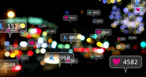 Social Media Engagement Icons Floating Over Blurred Cityscape