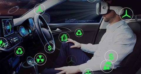 Businessman Experiencing Futuristic VR Inside Modern Car