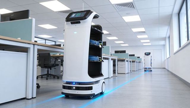 Autonomous delivery robot navigating open-plan office aisle carrying network cables