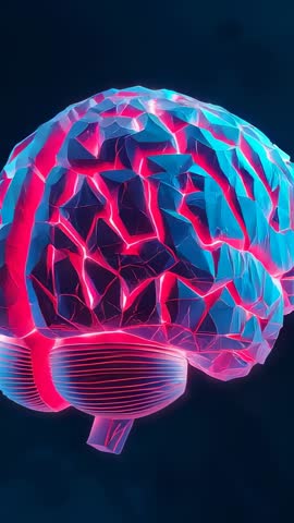 Spinning neon low poly brain splitting at central fissure futuristic neurotech visualization