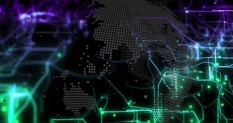 Futuristic Cyberspace Map with Dotted Continents and Neon Circuit Lines