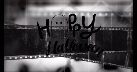 Hand-drawn happy halloween ghost doodle featuring vintage film strip and light leak