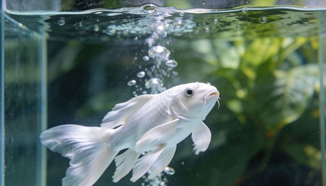 White fancy goldfish swimming near glass aquarium with rising bubbles and green plants