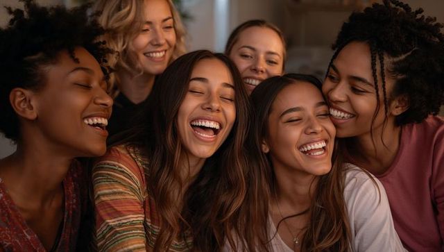 Laughing diverse young women gathering close in cozy living room sharing joyful moment