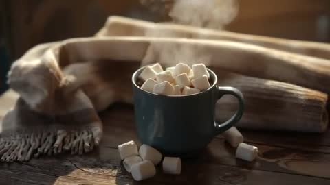 Steaming Hot Cocoa in Blue Mug With Marshmallows