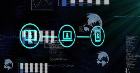 Glowing device chain connecting desktop laptop and smartphone on cyber network backdrop