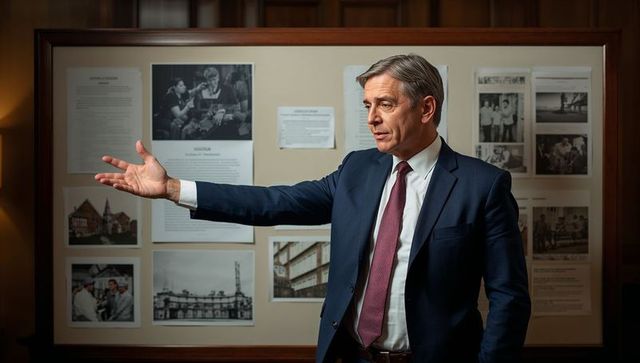 Corporate leader presenting archival exhibit board in wood-paneled gallery during briefing