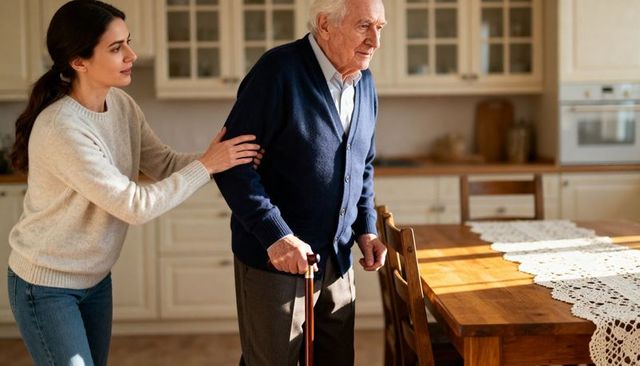 Woman supporting senior man with cane in sunlit kitchen conveying compassionate home care