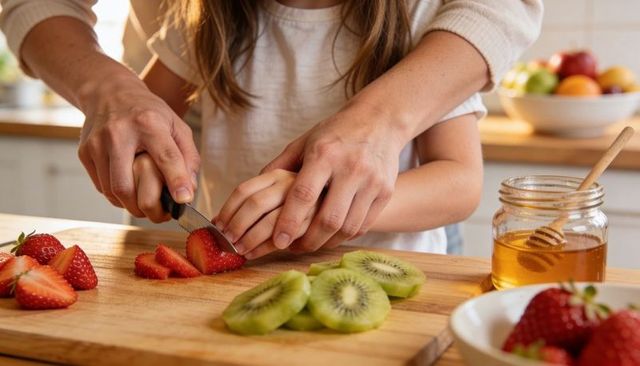Parent guiding child slicing strawberries and kiwi on wooden board in sunlit cozy kitchen