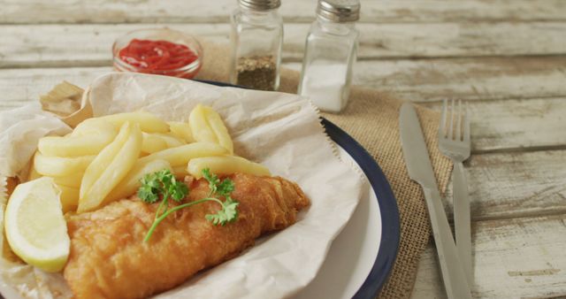 Traditional British fish and chips served on parchment paper over a plate, with a lemon wedge and parsley garnish. Ketchup and salt and pepper shakers are in background. Ideal for illustrating articles on British cuisine, culinary traditions, street food lovers, or rustic food presentations.