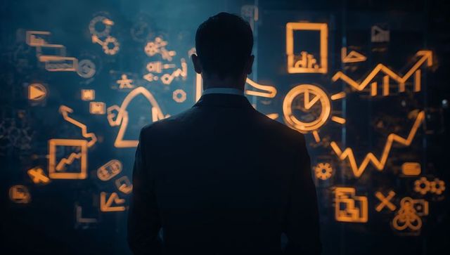 Executive analyzing holographic analytics dashboard with amber charts and data trends