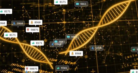 Golden dna helices with floating notifications on futuristic dashboard