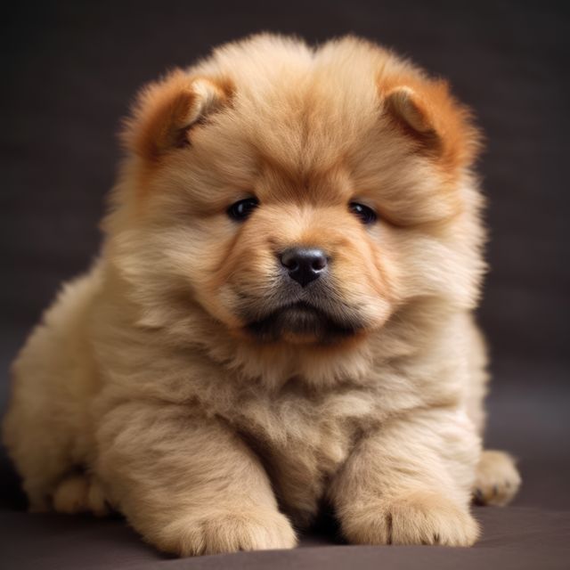 Cute image of a young Chow Chow puppy with fluffy fur sitting on a dark background. Great for pet websites, animal care blogs, puppy adoption promotions, and social media content.