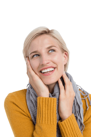 Smiling Woman in Wraparound Scarf on Transparent Background