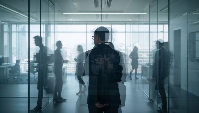 Executive standing in glass office surveying team collaboration with city skyline view