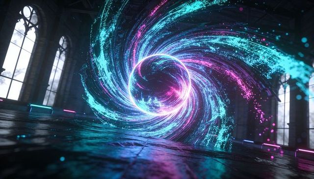 Glowing neon vortex spiral casting cyan and magenta light across gothic cathedral hall